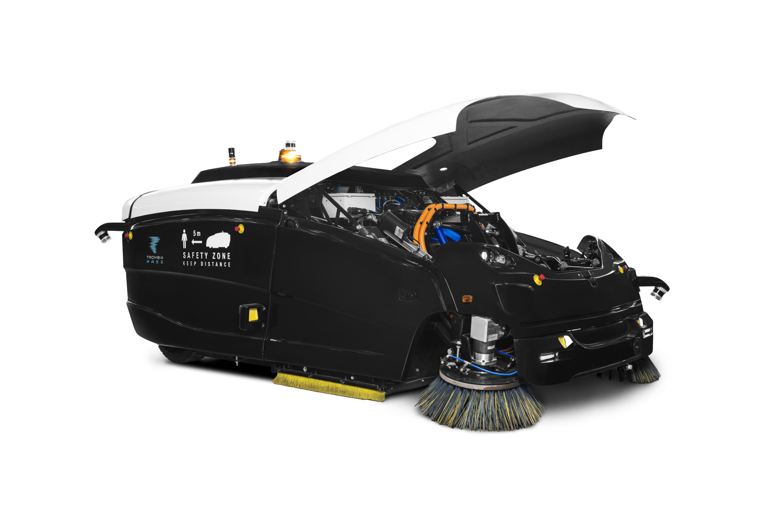 Trombia autonomous sweeper with the hood open.
