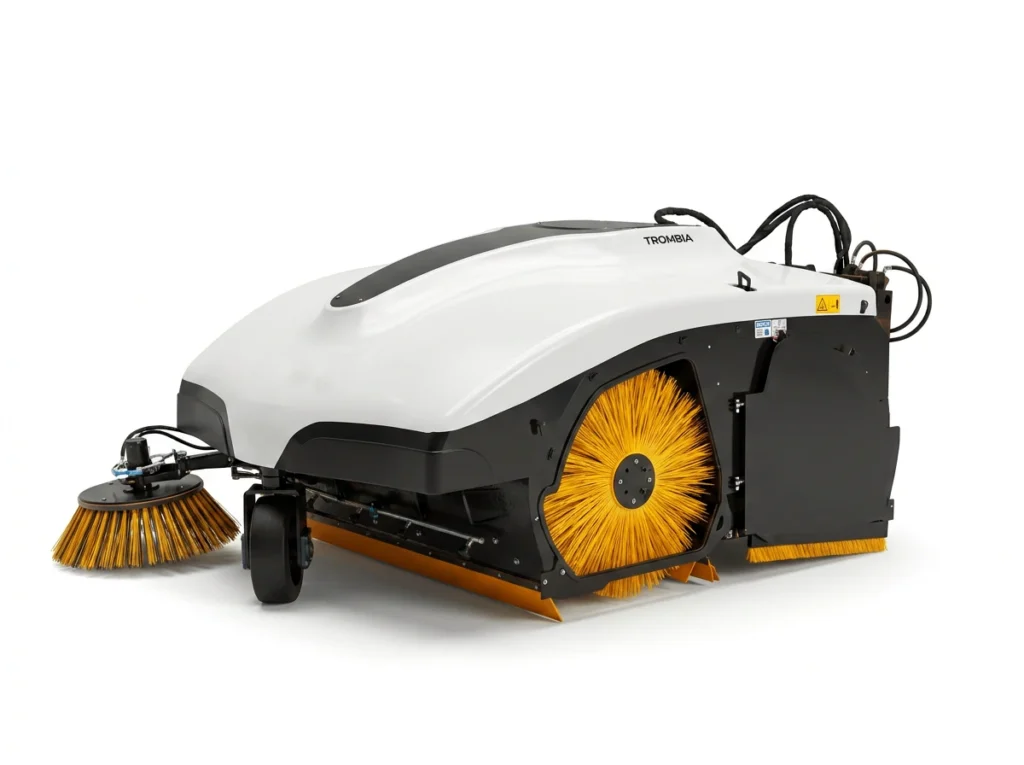 Trombia AERO sweeper attachment for wheel loaders with maintenance door open.